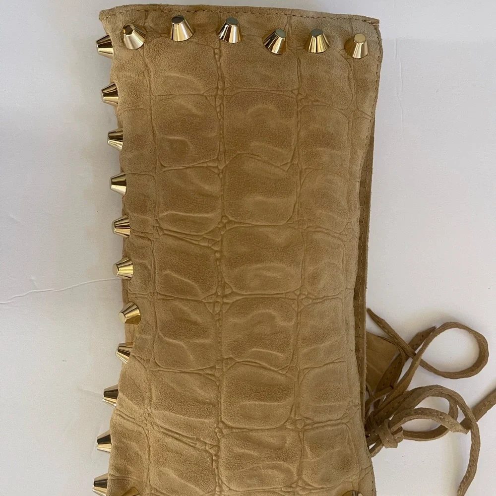 Linea Pelle Designer Clutch Tan Suede Leather Animal Print Gold Studs Lined